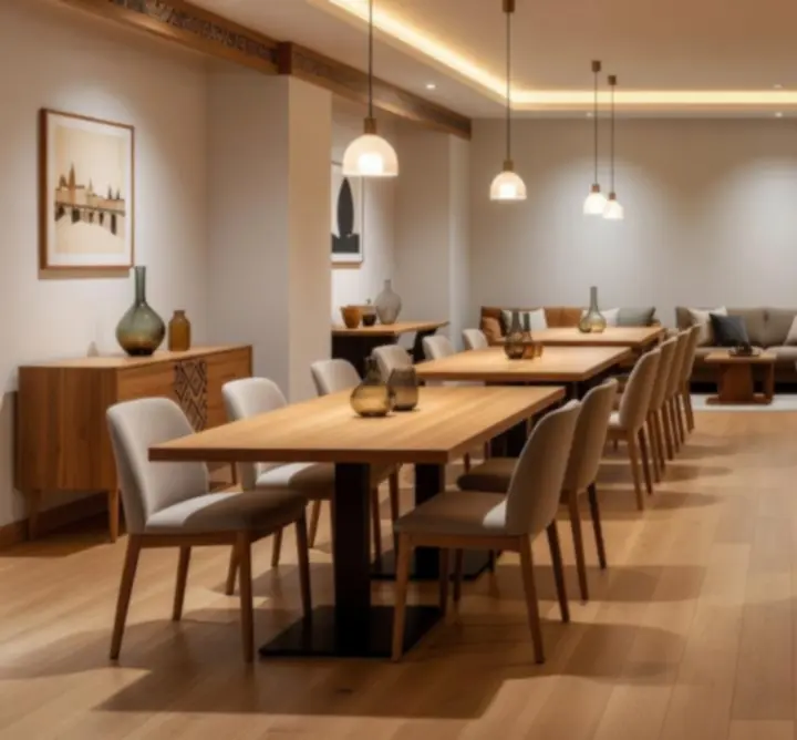 Elegantní restaurace a lounge OFFLINE ZABAVA HUB se stylovým večerním nasvícením