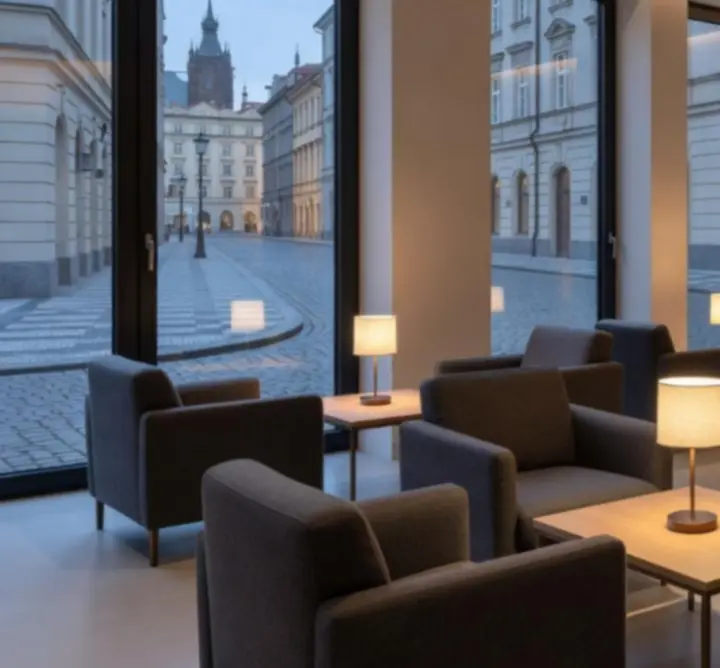 Lounge interiér OFFLINE ZABAVA HUB s ambientním osvětlením