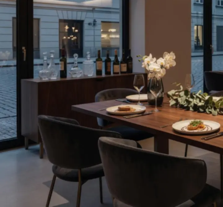 Elegantní moderní stůl v lounge restauraci OFFLINE ZABAVA HUB